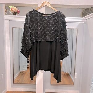 Black Blouse With Sheer Overlay Top with Butterfly Accents